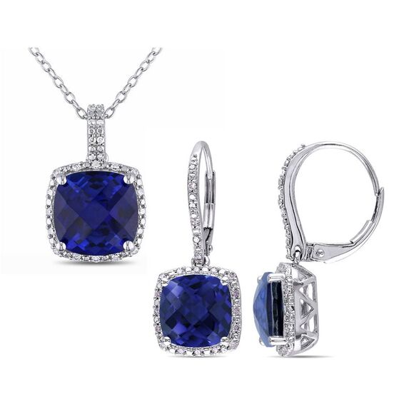 12.20 Carat (ctw) Lab-Created Blue Sapphire Pendant and Earrings Set in Sterling